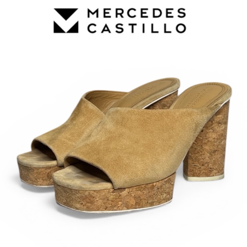 MERCEDES CASTILLO CHIARA SAND NUDE SUEDE CORK PLATFORM HEELED SLIP ON SANDALS